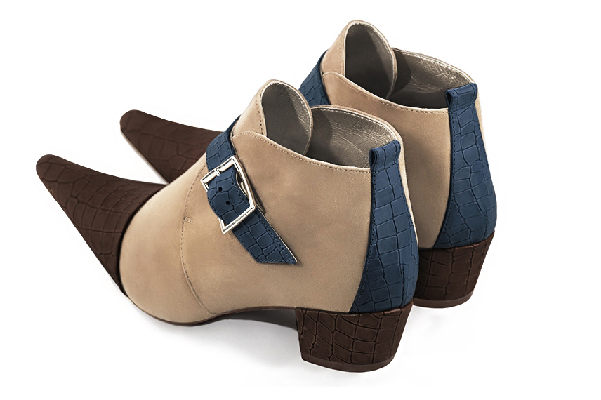 Women's dark brown, tan beige and denim blue elegant ankle boots, with buckles at the front. Pointed toe. Low cone heels - Rear view
